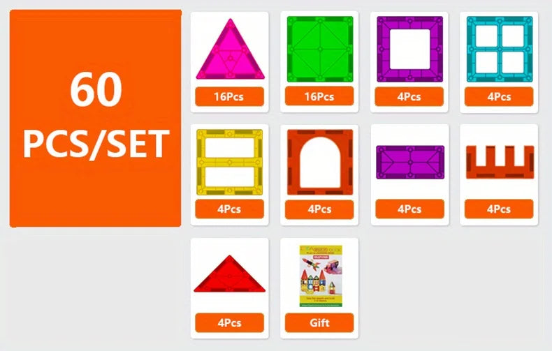 A set of magnetic building blocks with various shapes and colors including triangles, squares, arches, and a gift item.