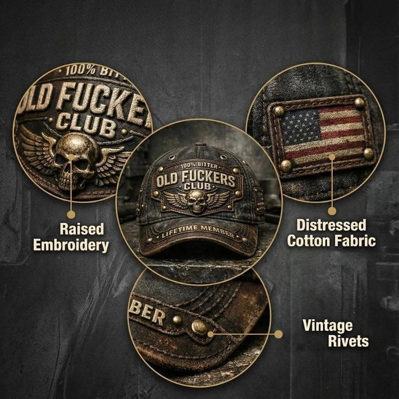 Lue i distressed skinn med opphøyd broderi og vintage nagler.