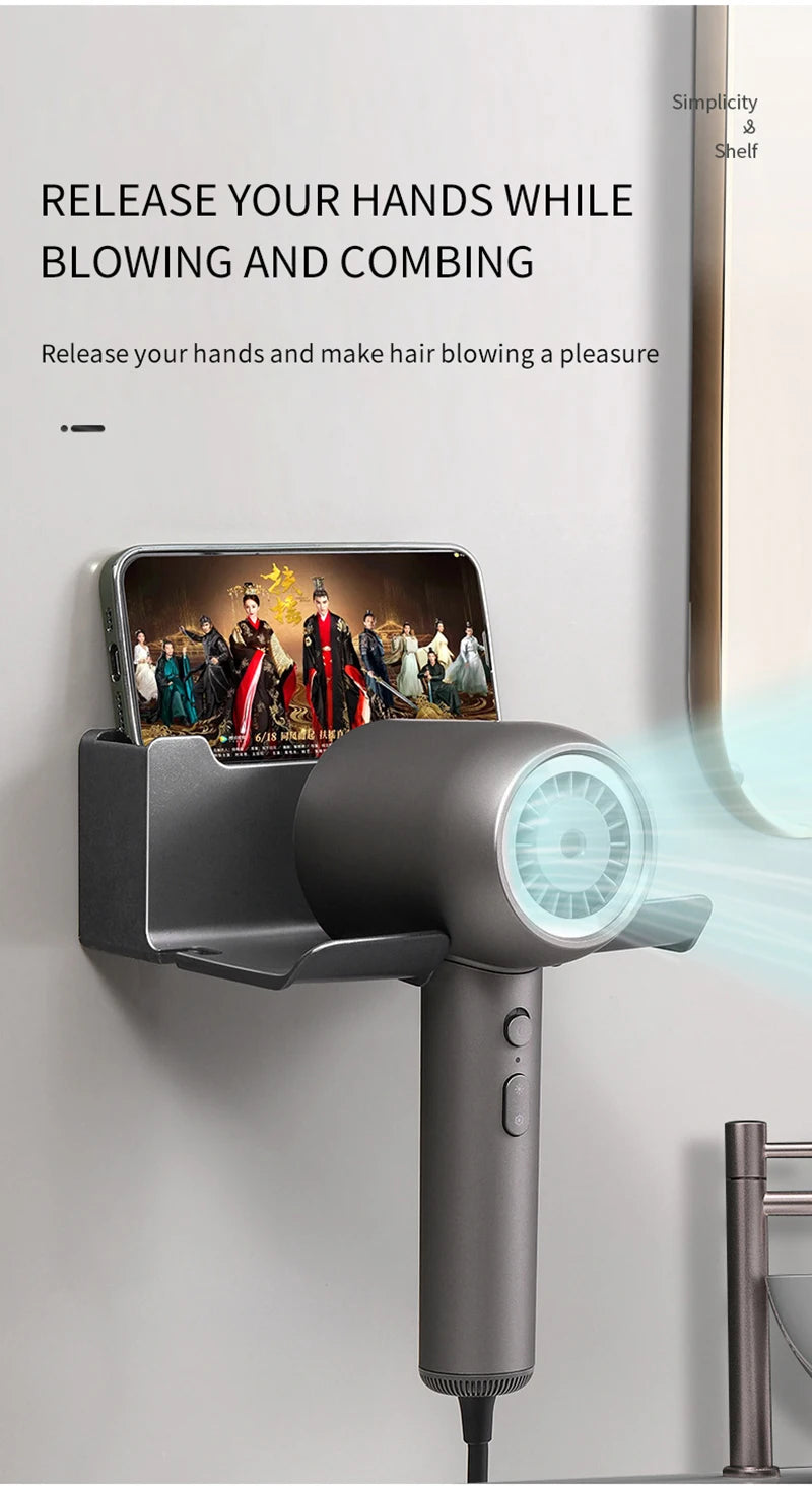 Soporte de secador de pelo montado en la pared con boquilla cilíndrica junto a un espejo.