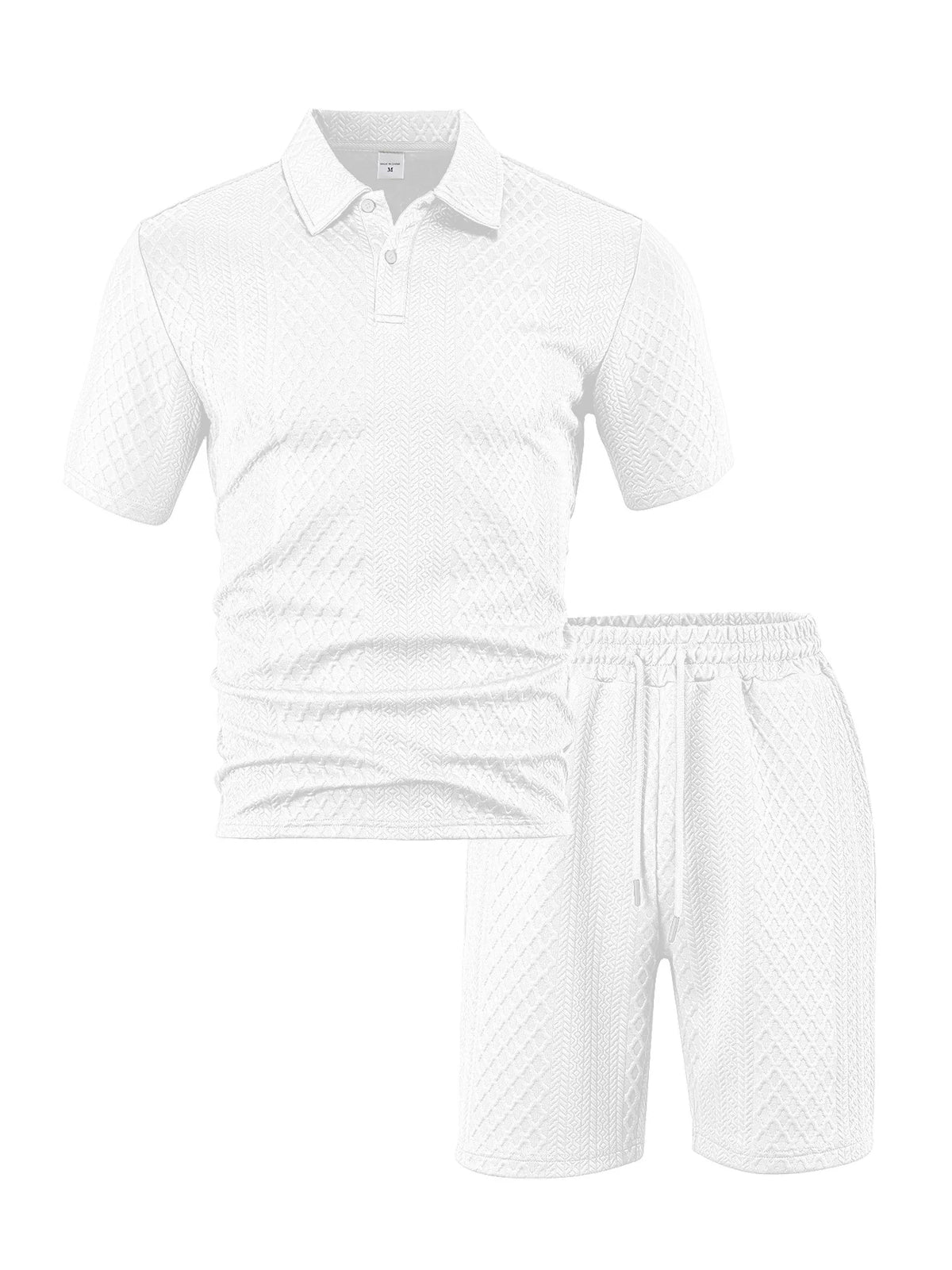 White men's casual jacquard short-sleeve shirt and drawstring shorts set