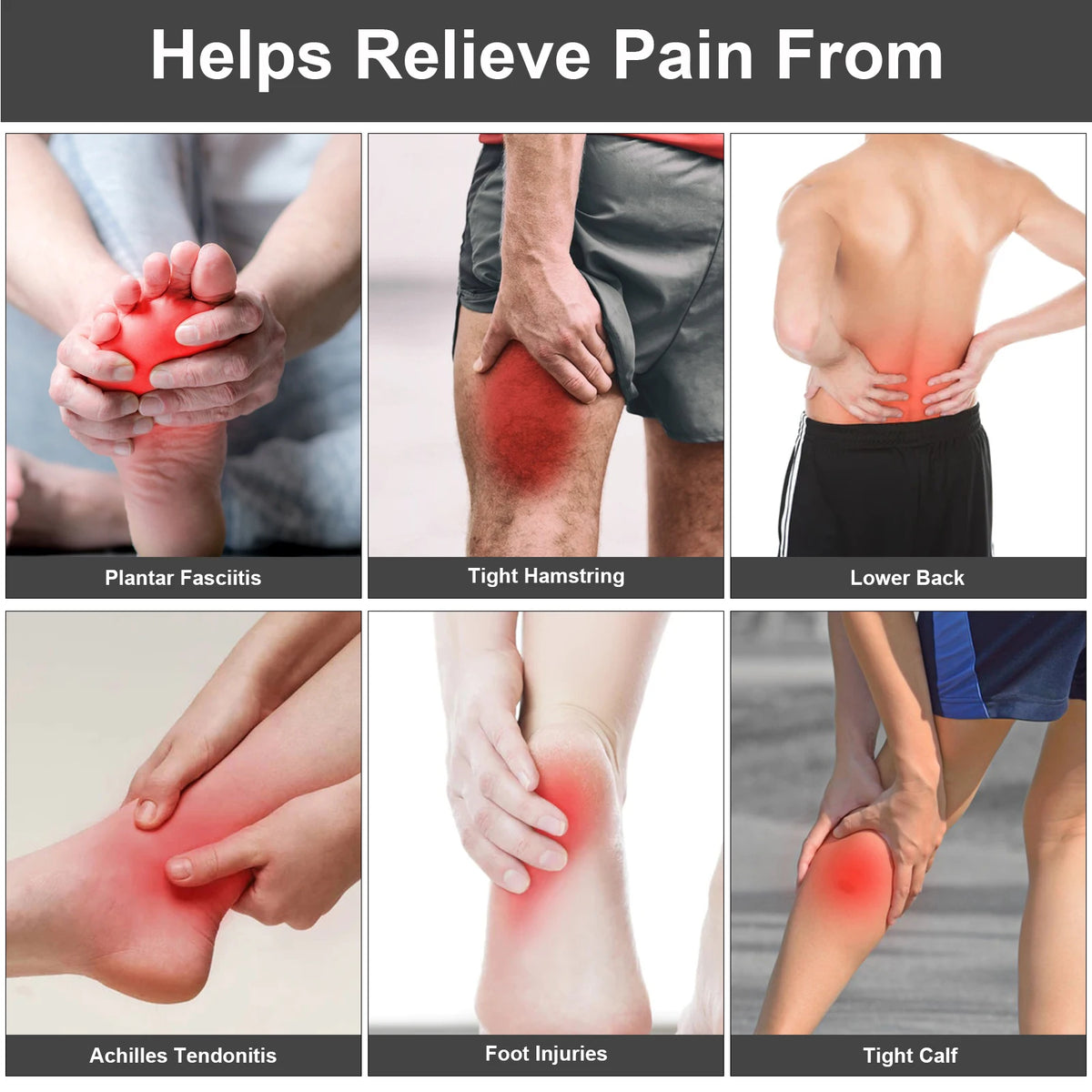 A grid showing various foot and leg injuries including plantar fasciitis, tight hamstring, lower back pain, Achilles tendonit