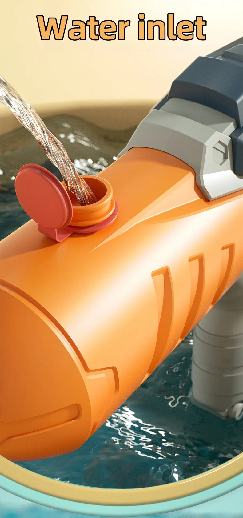An orange water inlet pipe is shown with water flowing out, part of a dinosaur and animal sprinkler toy.