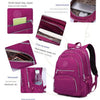 A magenta nylon laptop backpack showing various internal and external pockets for organization.