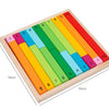 A wooden fraction learning set featuring colorful counting rods numbered 1 through 10 arranged in a diagonal pattern.
