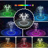 Various views of a solar floating water fountain with RGB LED lights operating in different colors and settings.