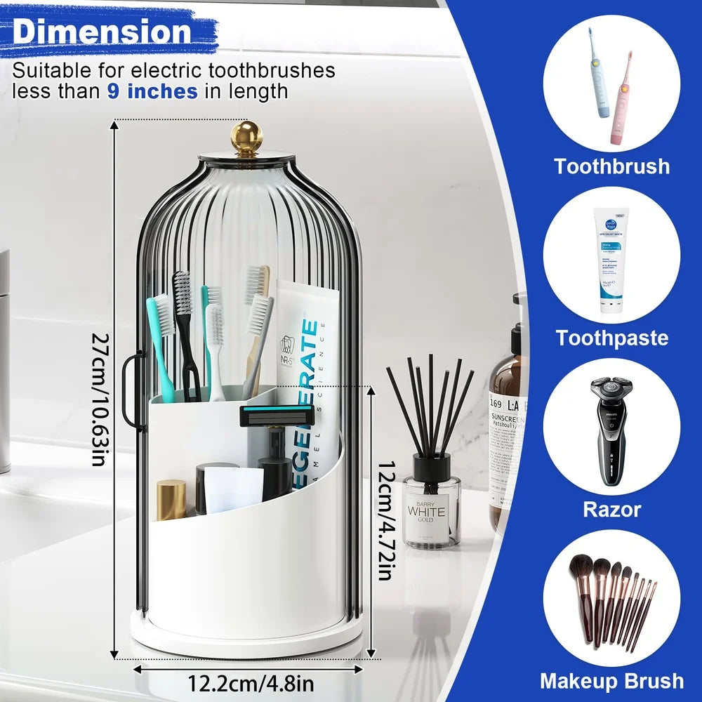 A clear rotating dustproof toothbrush holder with a dome cover and storage for various brushes and tools.