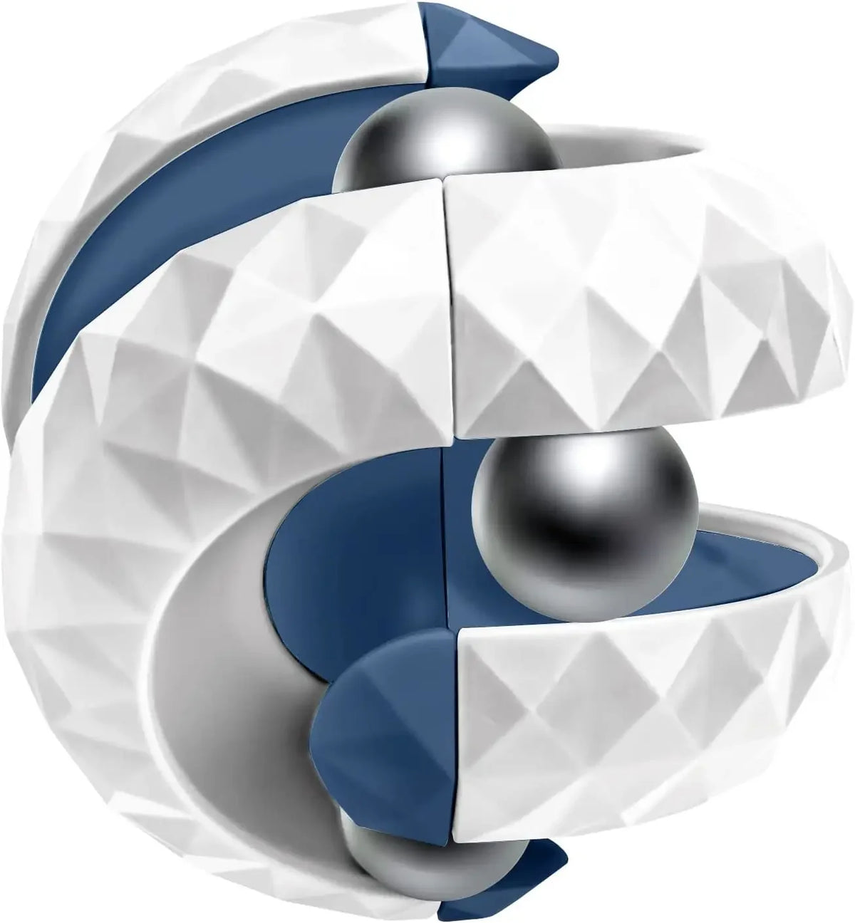 En hvit og blå fidget-kube med kuler i et spiral- eller banemønster.