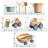 A set of kids sand and water play items including a shovel, a bucket, a bulldozer toy, and a small wagon.