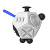 Cubo fidget hexagonal blanco con tapa negra y palo azul, para aliviar el estrés.