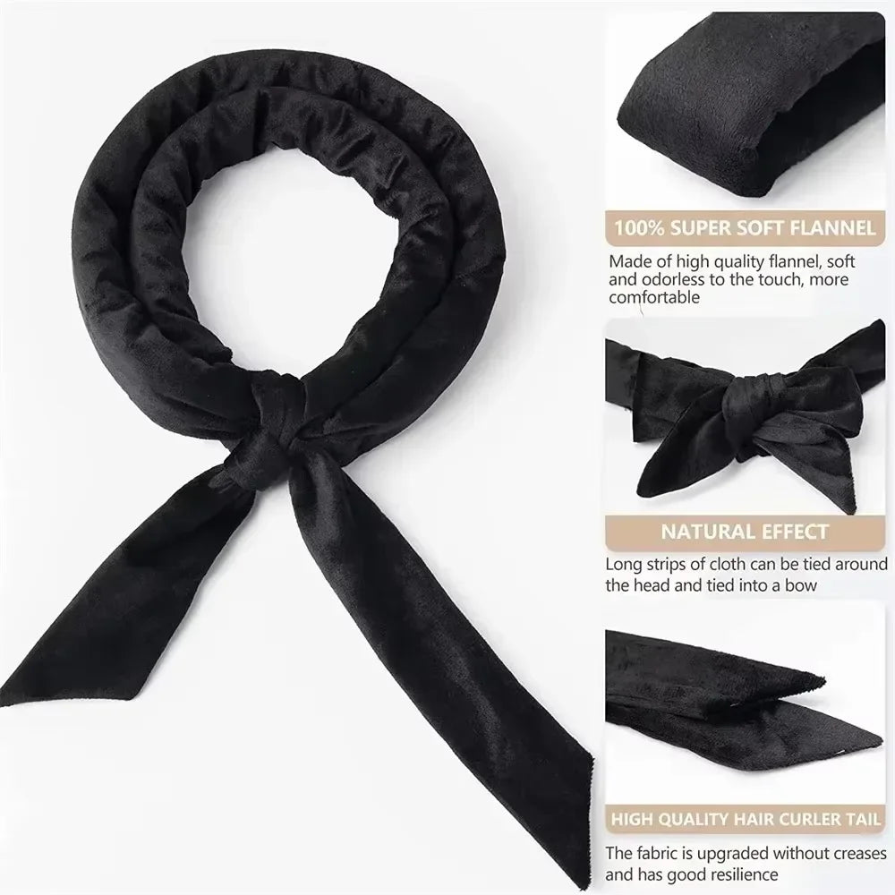 Black satin heatless overnight curling headband tied in a bow