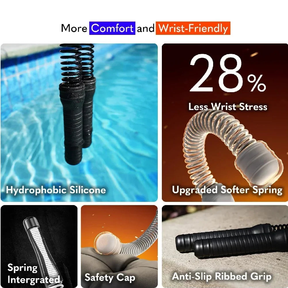 Close-up view of silicone and spring components for workout ropes, showing hydrophobic silicone, upgraded softer spring, inte