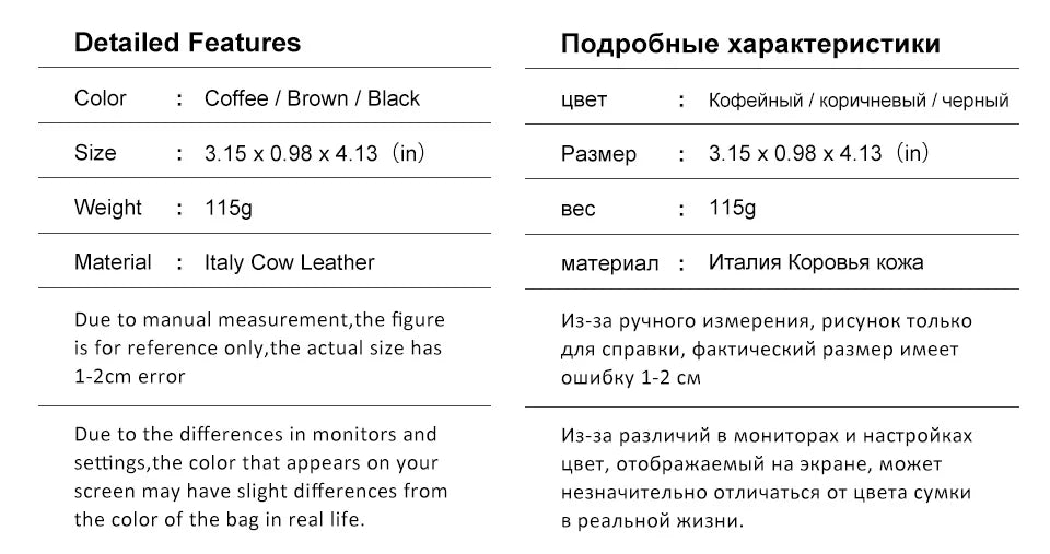 A detailed features table for a Crazy Horse Leather Smart Wallet with RFID Blocking and AirTag Holder listing color, size, we
