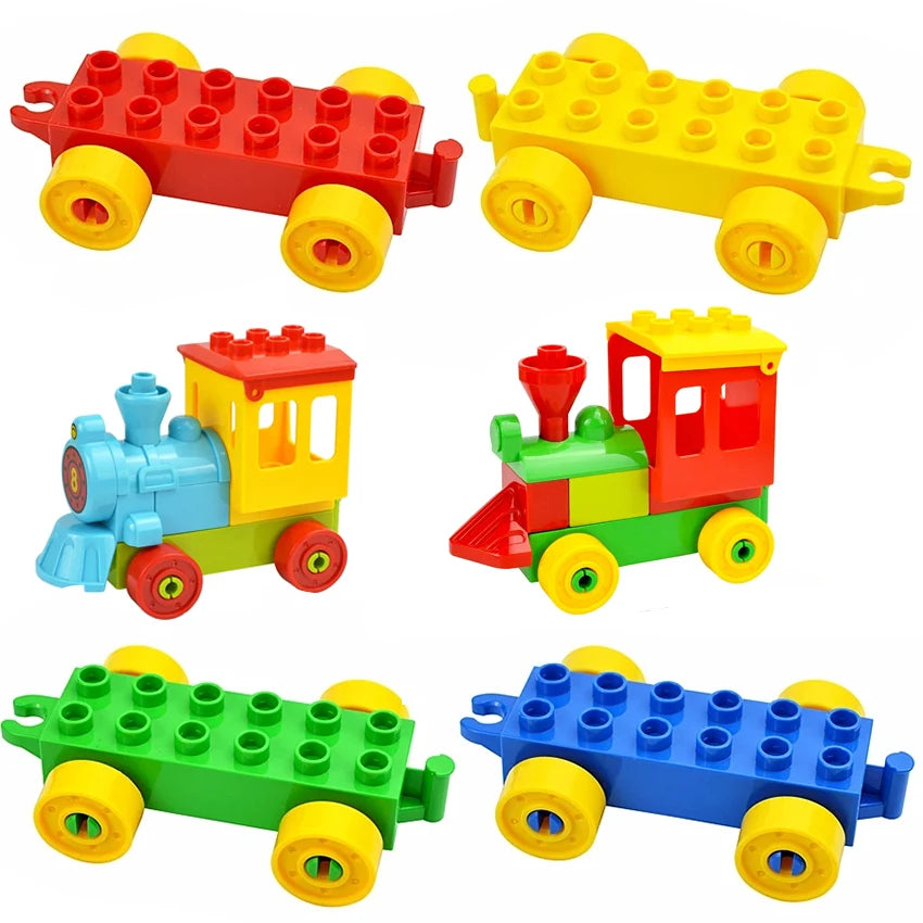 A set of large building blocks depicting various traffic vehicles and a train in red, yellow, blue, and green.