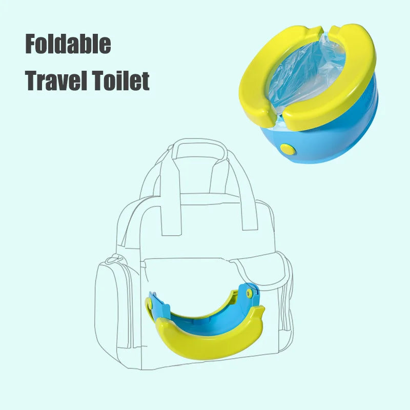 A yellow and blue foldable travel toilet is shown next to a backpack.