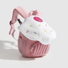 A pink and white mushroom-themed backpack for toddlers with pink straps and a pink accent.