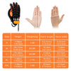 A set of hand rehabilitation robot gloves in various sizes S to XXL shown alongside diagrams illustrating hand measurements.