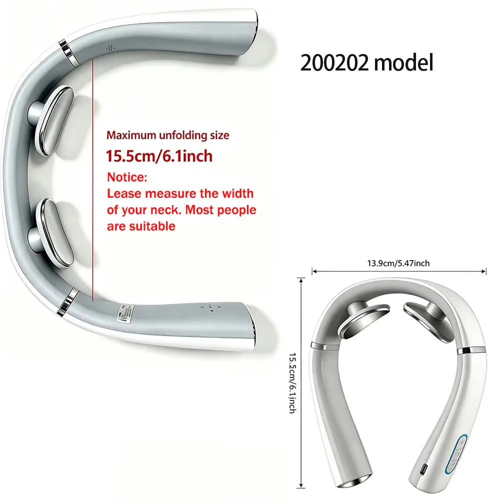A silver TENS pulse neck and shoulder massager is shown in a curved view and a profile view.