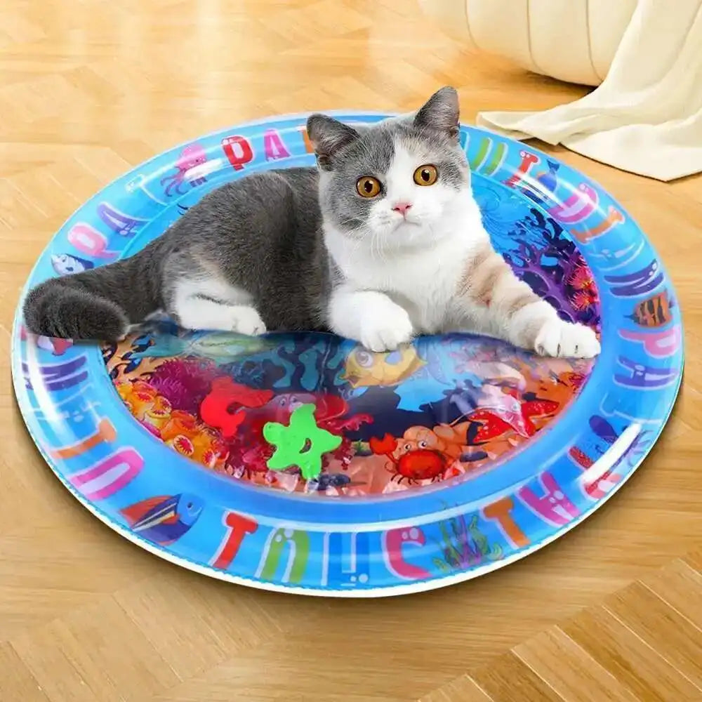 Un gato gris y blanco yace sobre un plato azul decorado con diseños de peces coloridos.