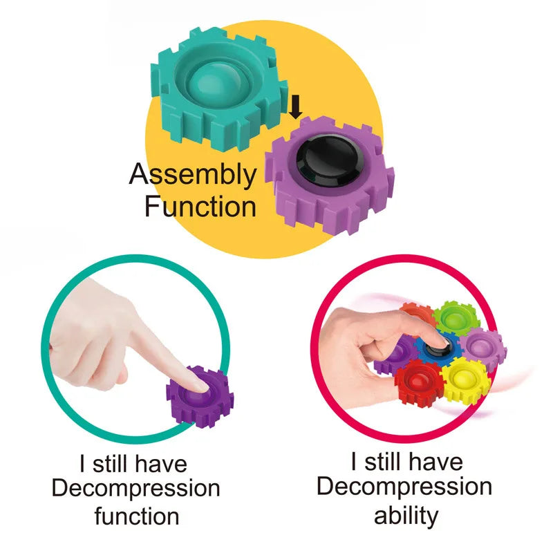 Building blocks showing assembly and decompression functions with various colored spinners