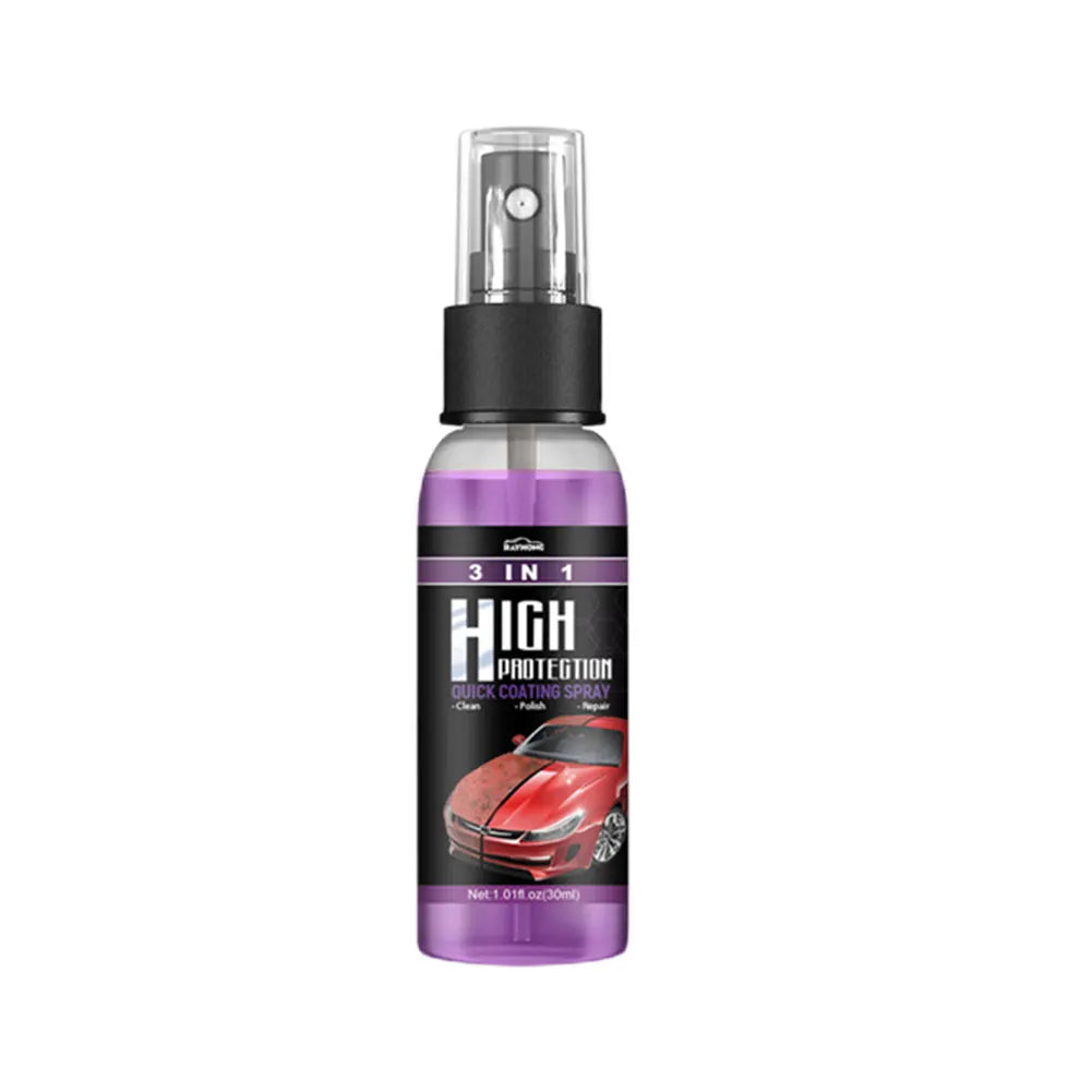 A bottle of 3-in-1 Nano Ceramic Coating Spray for cars with a black and purple label.