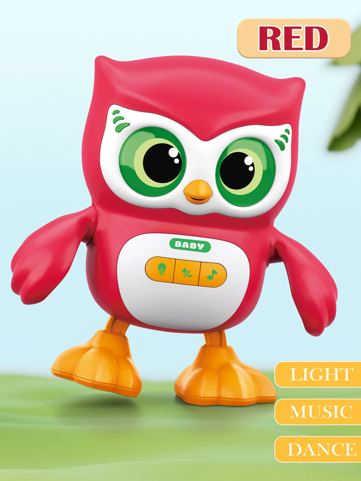 A red owl toy with large green eyes and yellow feet, designed for musical dance and light features.