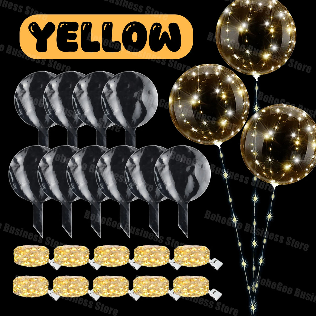 A collection of gold and silver LED light-up balloons with pre-strung lights for celebrations.