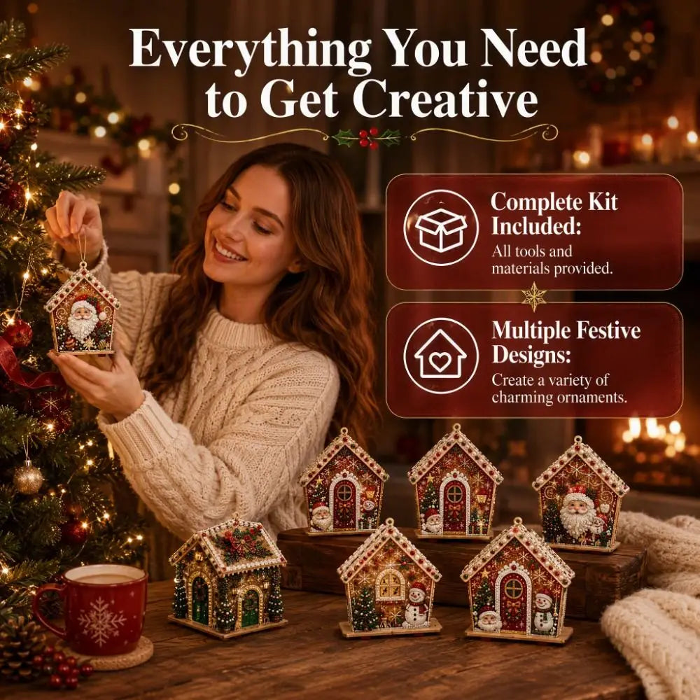 En kvinne holder et julepyntesett i tre med perler og verktøy på en treflate.