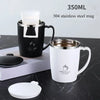 A white 350ml stainless steel insulated travel mug with a black lid and a white infuser is shown on a dark surface.
