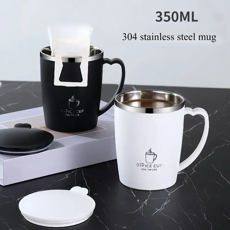 A white 350ml stainless steel insulated travel mug with a black lid and a white infuser is shown on a dark surface.