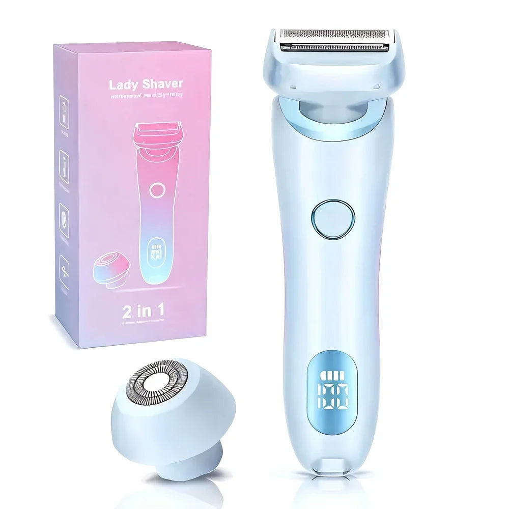 A pink and white ladies shaver product box, a handheld electric hair removal device, and a shaving head shown.