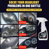 A bottle of headlight restoration fluid with before and after images showing restored headlights.