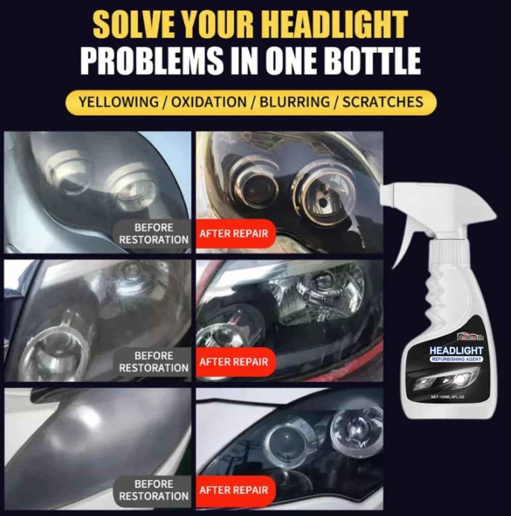 A bottle of headlight restoration fluid with before and after images showing restored headlights.