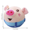 A pink plush pig toy with large ears and a snout, shown with dimensions.