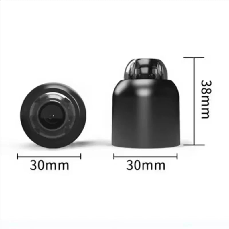 A black mini WiFi security camera with a dome lens and body, shown from the top view.