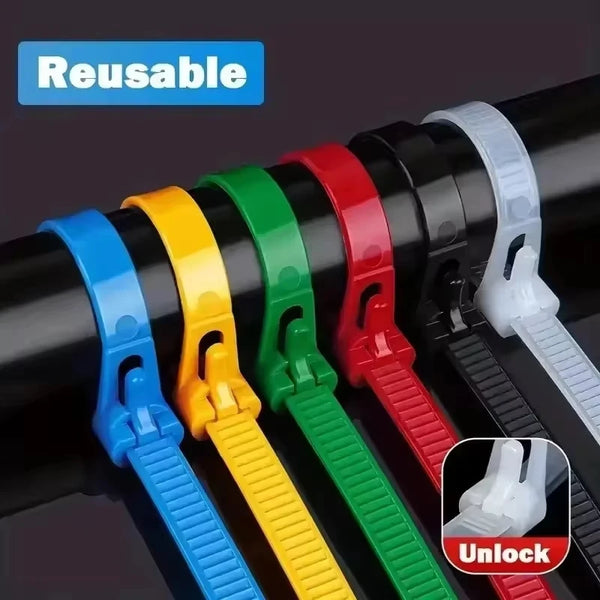 A variety of colorful reusable nylon cord ties in blue, yellow, green, and red are shown being used for cable management.