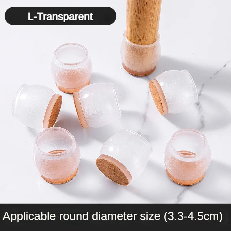 L-transparent silicone furniture leg pads with felt bottoms for scratch protection, showing various sizes.