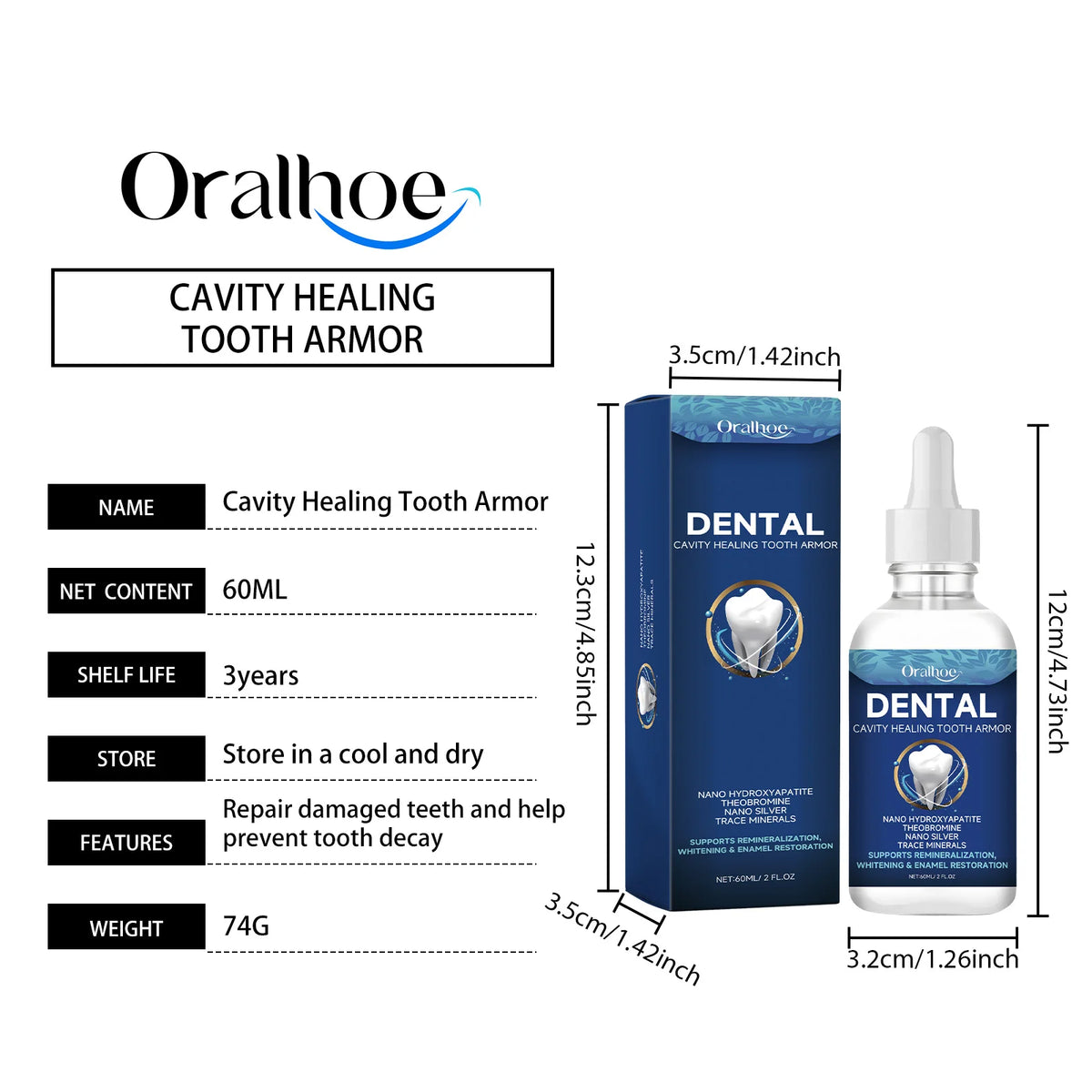 Oralhoe Cavity Healing Tooth Armor bottle showing the product details and packaging
