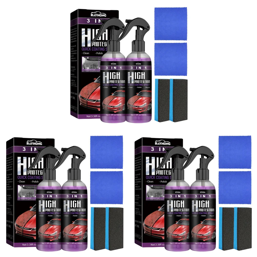 A set of Rayhon 3-in-1 High Potency Quick Coating Spray bottles and blue applicator pads for car detailing.