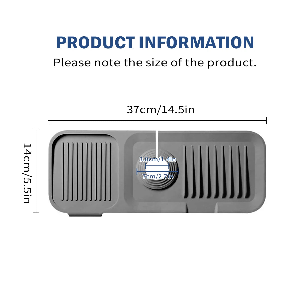 Protector contra salpicaduras de silicona gris para grifo de fregadero con bandeja de drenaje en vista de perfil.