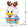 A white and pink micro building block figurine of a moose or reindeer with brown antlers and a blue plaid shirt.