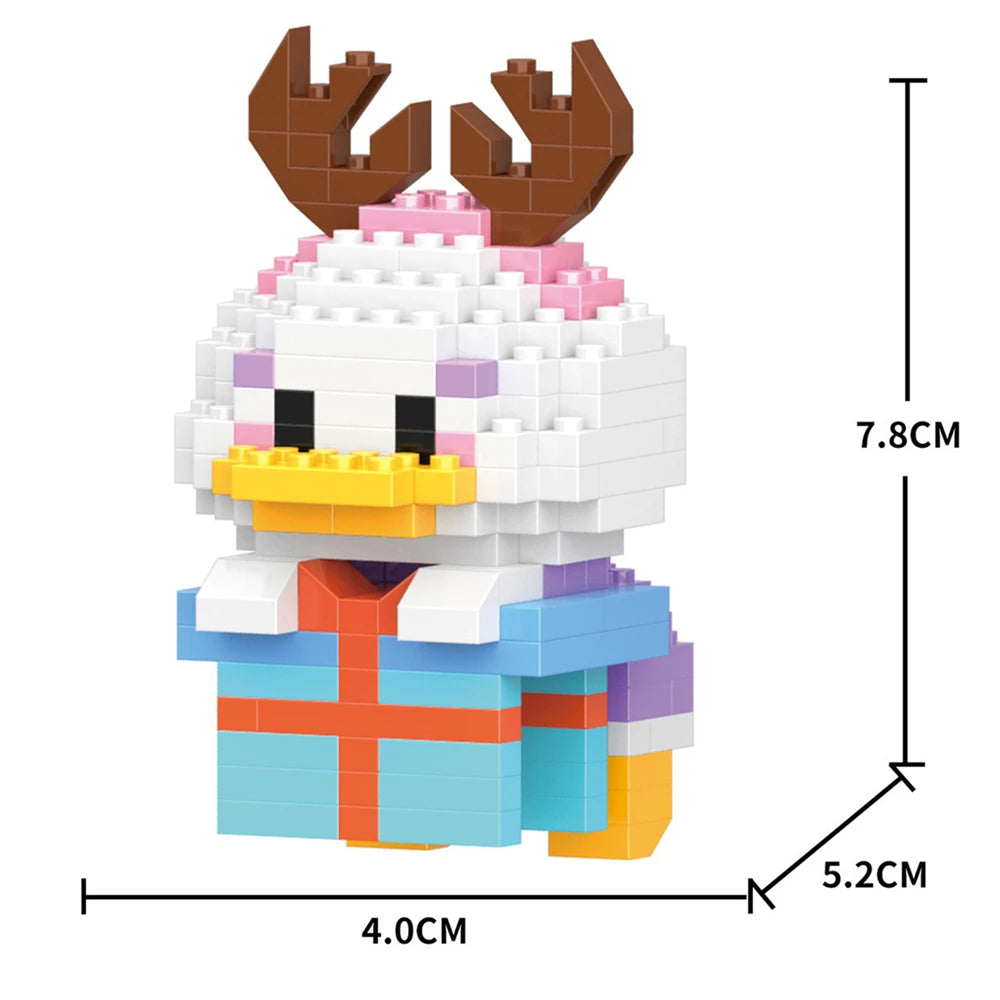 A white and pink micro building block figurine of a moose or reindeer with brown antlers and a blue plaid shirt.