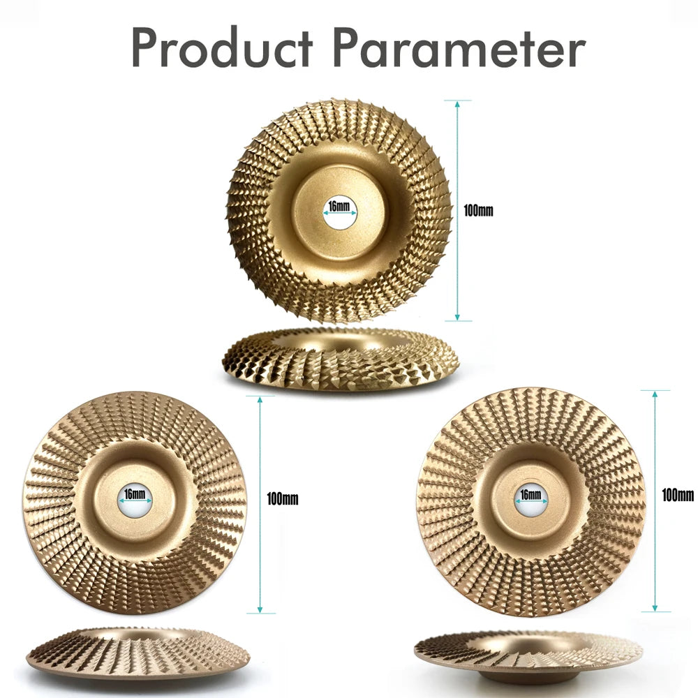 Three brass angle grinder wood carving discs with 16mm diameter and 100mm thickness shown in various views