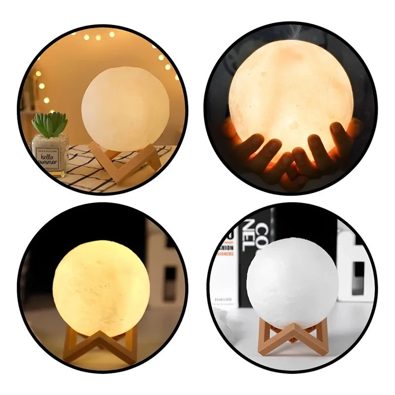 A set of three 3D moon LED night lights showing soft glowing spheres in various sizes and styles.