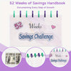 A planner cover titled 52 Weeks Savings Challenge documenting every step of growth with a pink marble background.