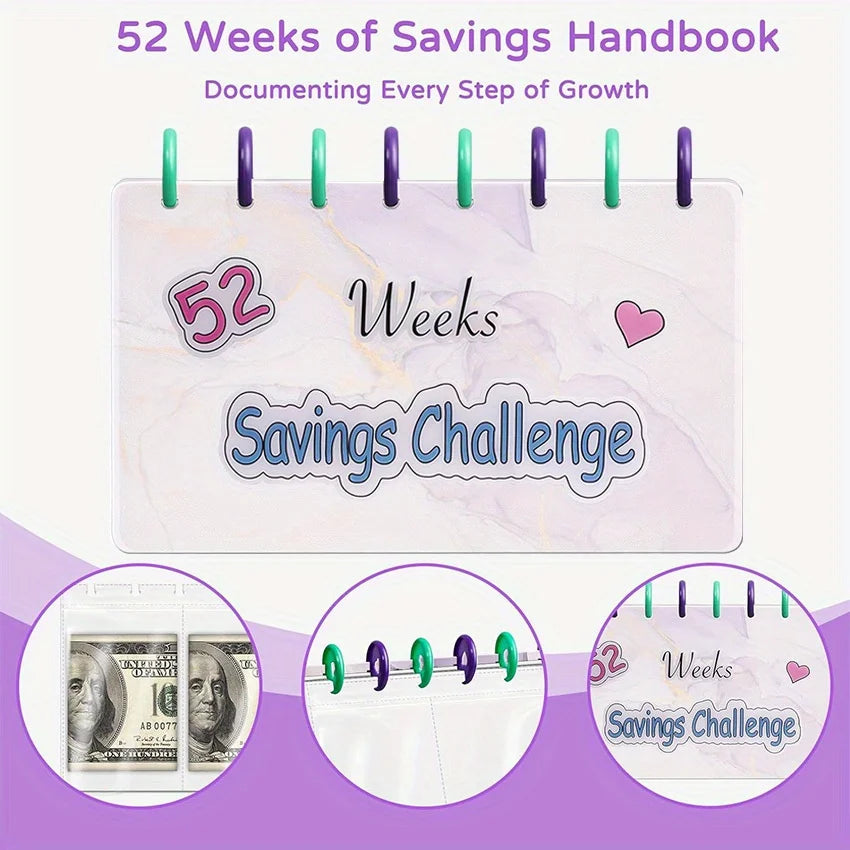 A planner cover titled 52 Weeks Savings Challenge documenting every step of growth with a pink marble background.
