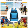 A blue sports backpack shown in various scenarios carrying a volleyball, basketball, soccer ball, and rugby ball.