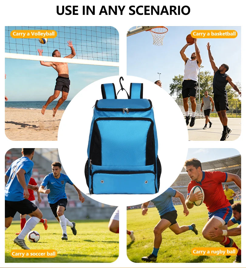 A blue sports backpack shown in various scenarios carrying a volleyball, basketball, soccer ball, and rugby ball.