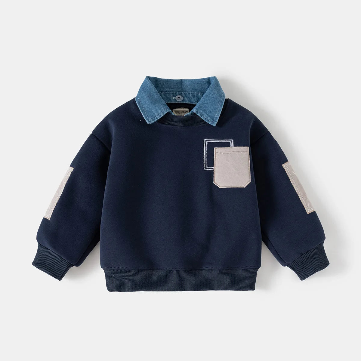 Navy fleece pullover sweatshirt with a denim collar and a square patch on the sleeve.