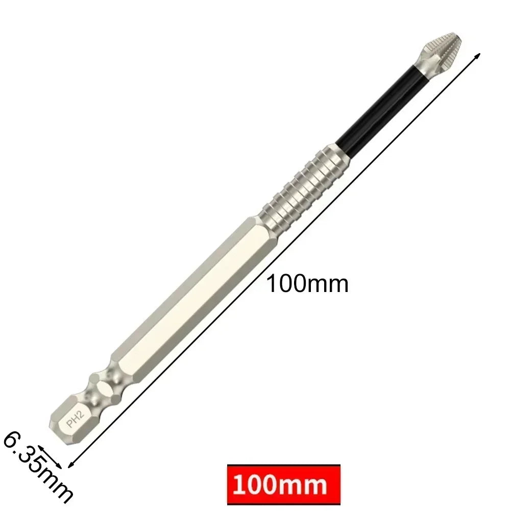 A long, black magnetic PH2 screwdriver bit with a hex shank and a white body, shown in profile.