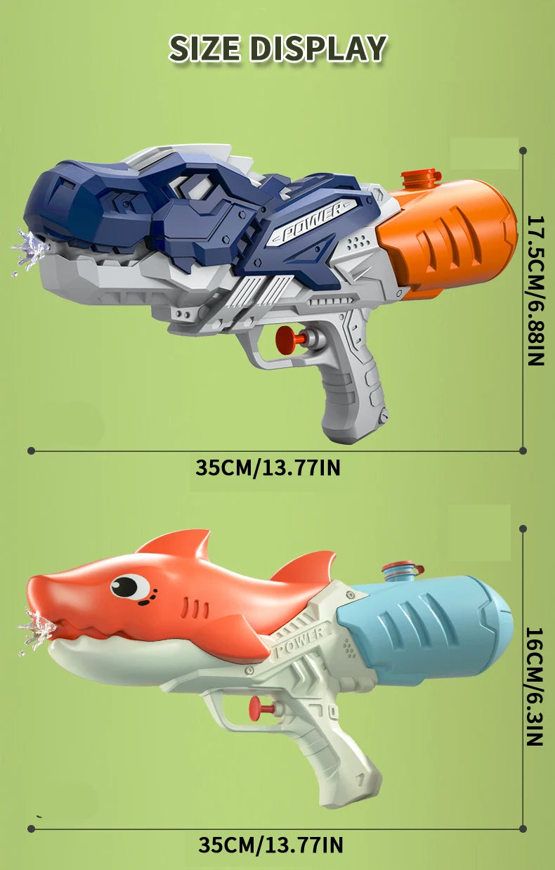 A silver and orange dinosaur-themed water gun toy for kids, shown in a side view.
